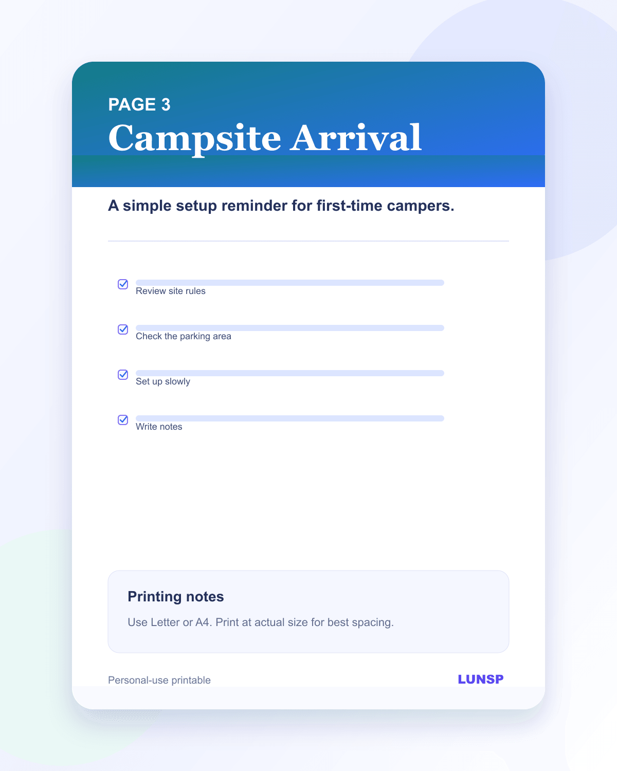 Printable page preview 2 for the Free First RV Trip Checklist