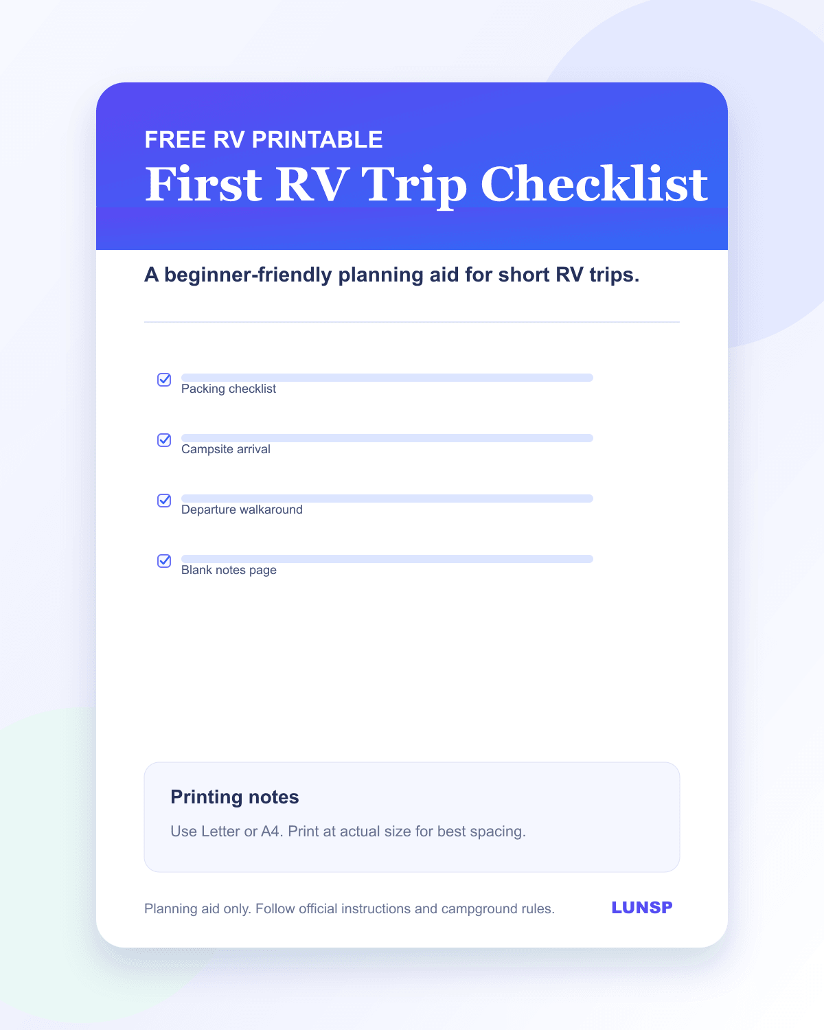 Cover preview for the Free First RV Trip Checklist