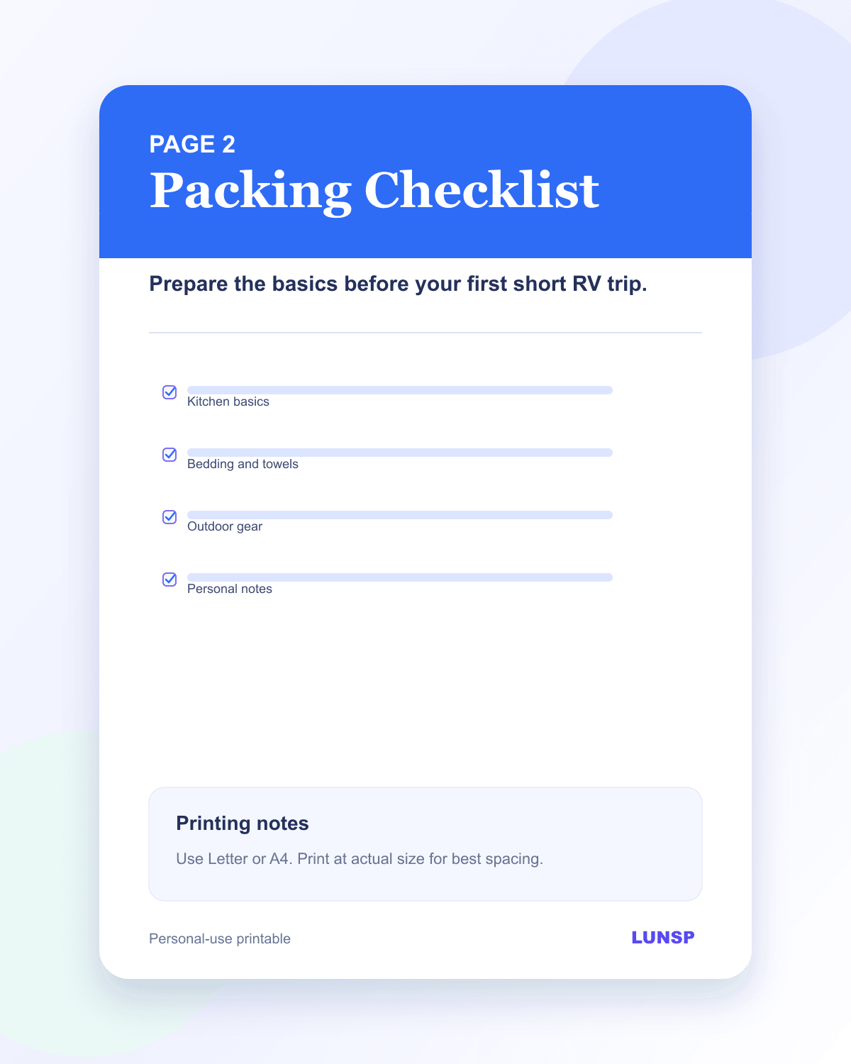 Printable page preview 1 for the Free First RV Trip Checklist